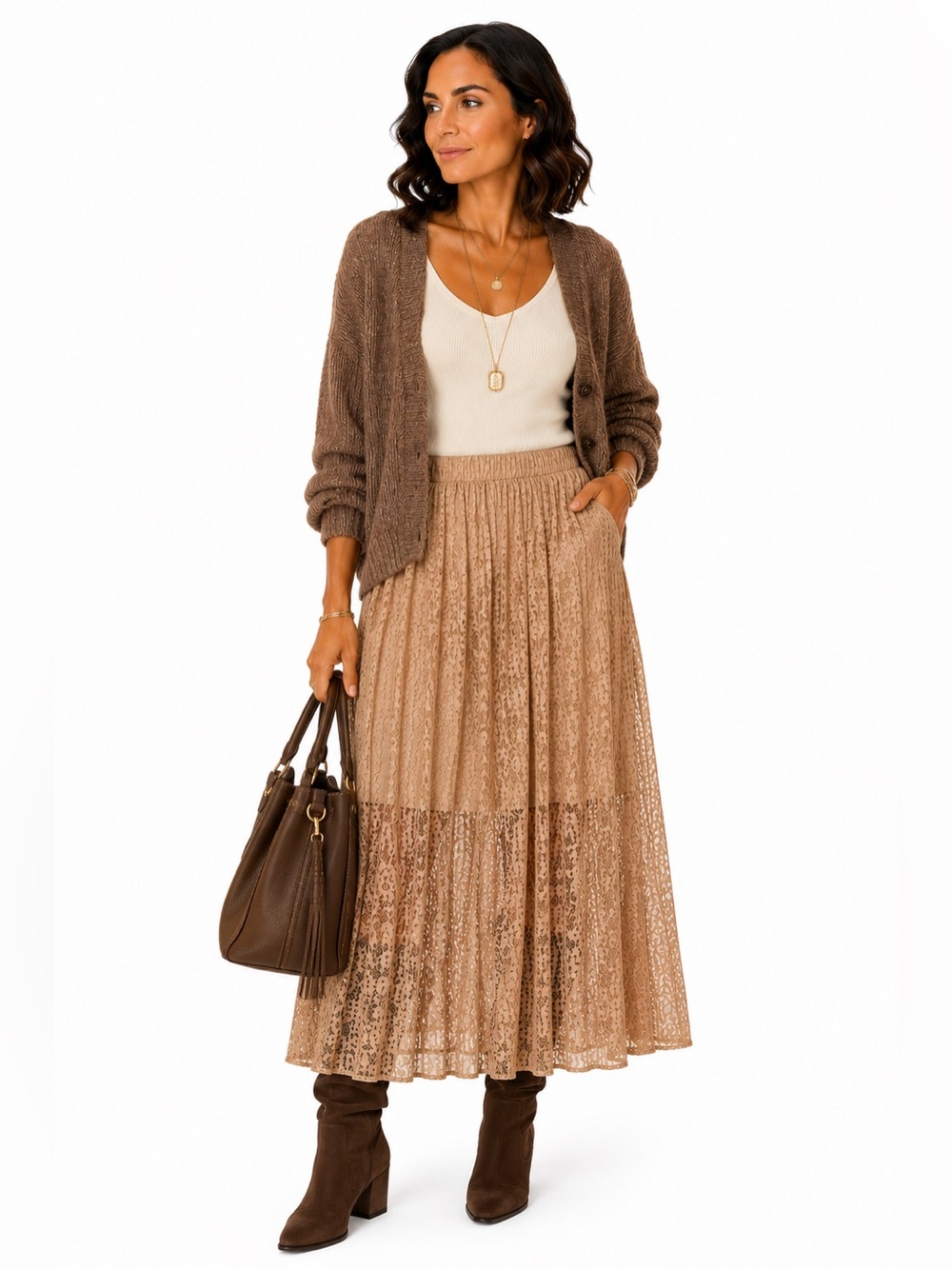 60% off-TAN Easel Los Angeles Lace Overlay Maxi Skirt | Elastic Waist | Lined